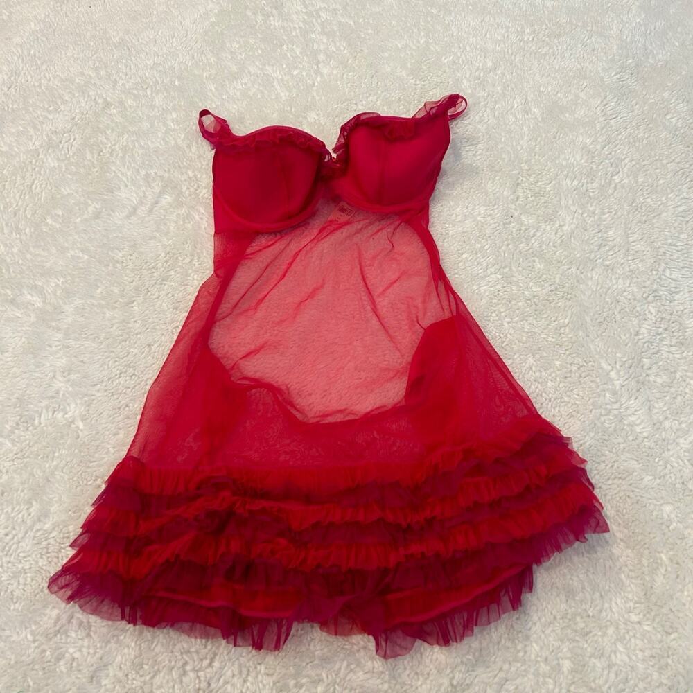 NWT Victoria Secret Sexy Little Things Fairy Red Mesh Ruffle Hem Babydoll 34B